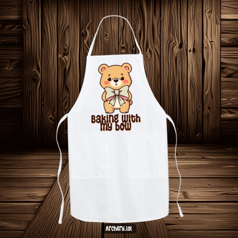 Funny apron designed with a determined bear character holding a large bow, perfect for kitchen duties with a humorous archery theme.