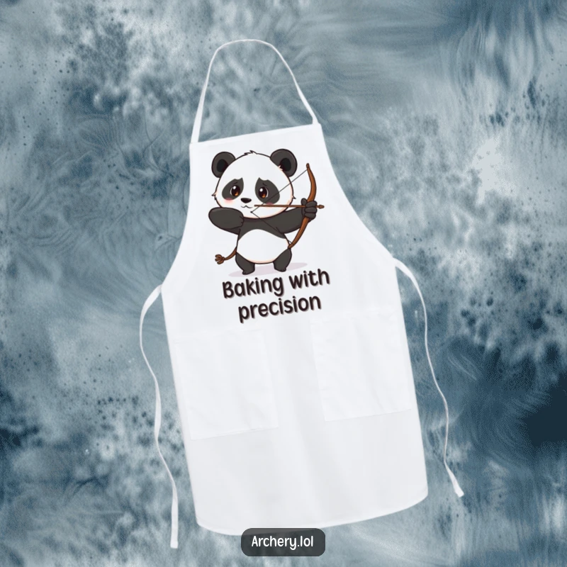 Funny apron displaying a determined panda drawing its bow with a focused gaze, a humorous kitchen companion.