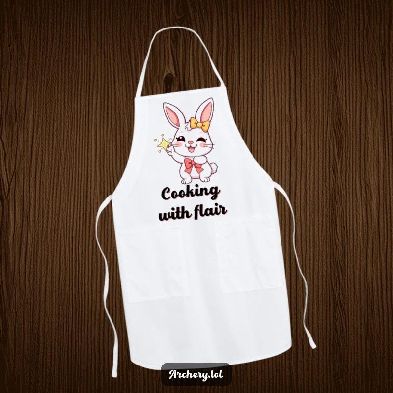 Funny apron showcasing a cheerful rabbit aiming a sparkly bow with a joyful expression, making cooking a fun and humorous activity.