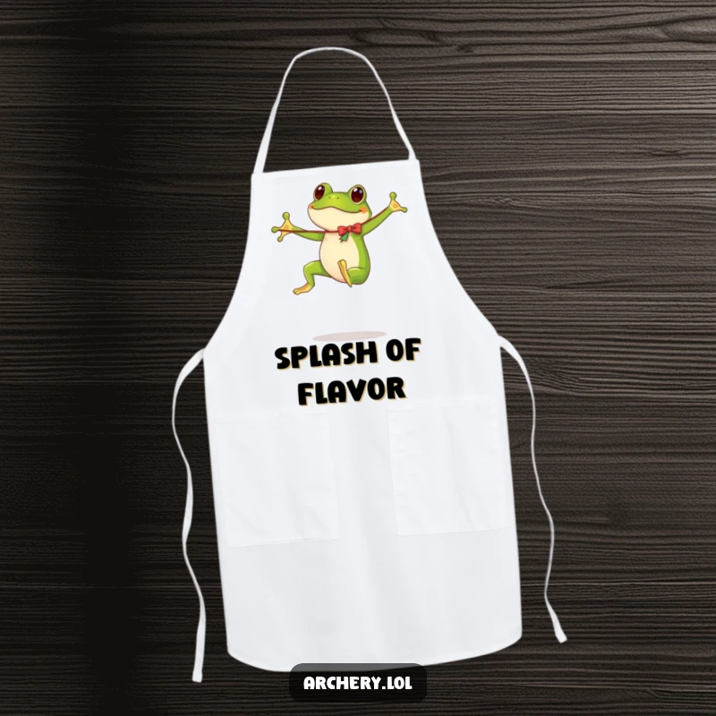 Funny apron showing a frog energetically bouncing, holding a flimsy bow while wearing a chef’s hat.
