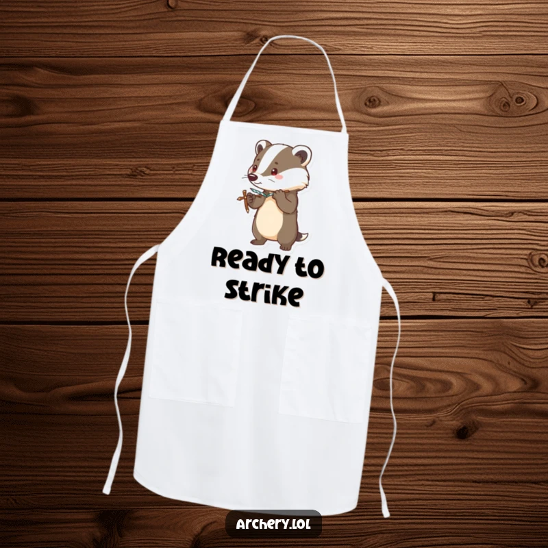 Funny apron displaying a brave badger standing alert, bow drawn taut, a humorous protector of the kitchen.