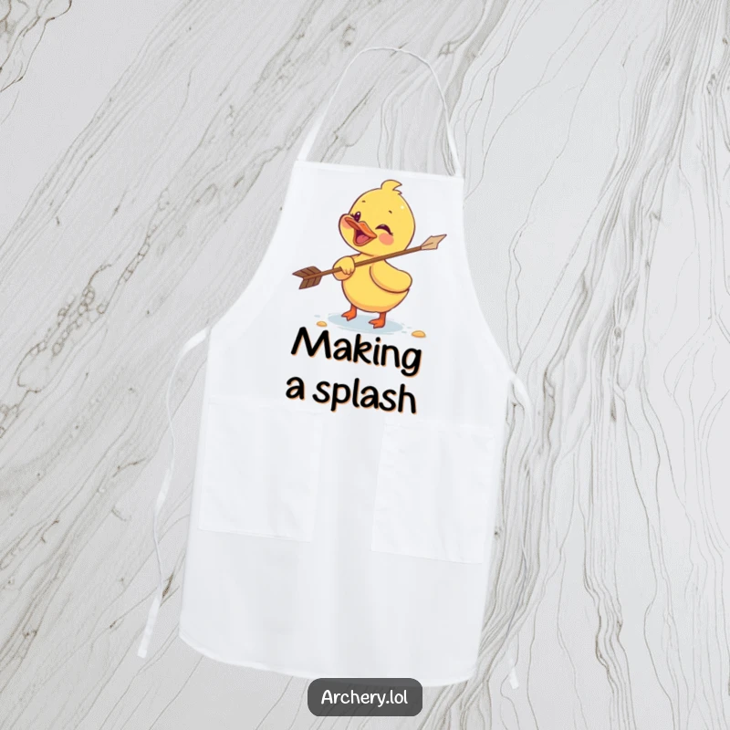 Funny duckling apron depicting a giggling duckling retrieving a flying arrow, a humorous and functional kitchen accessory.