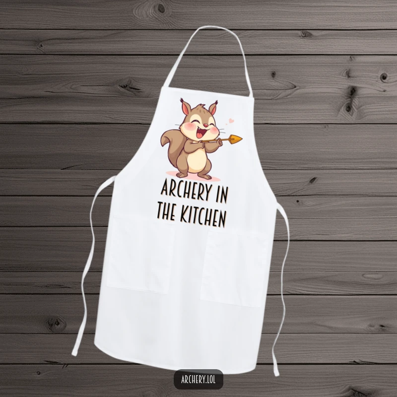 Funny apron depicting a giggling squirrel mid-action, joyfully releasing an arrow while cooking, a great funny gift.