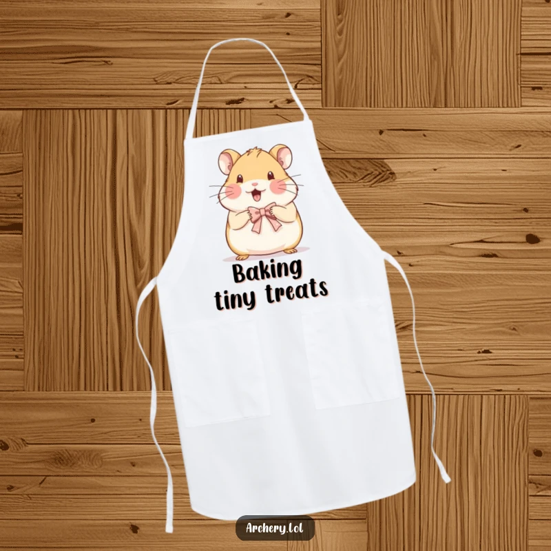 Funny apron showing a beaming hamster meticulously drawing a very small, delicate bow, perfect for kitchen artists.