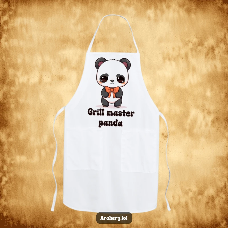 Funny panda archer apron with a serious but cute panda balancing a bow, humorous kitchen wear and gift.