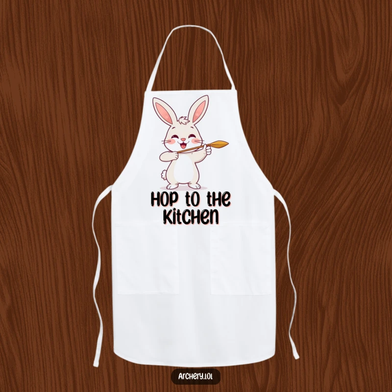 Funny Rabbit Archer Apron: A cheerful rabbit smiles while shooting an arrow, ready to protect the wearer in the kitchen.
