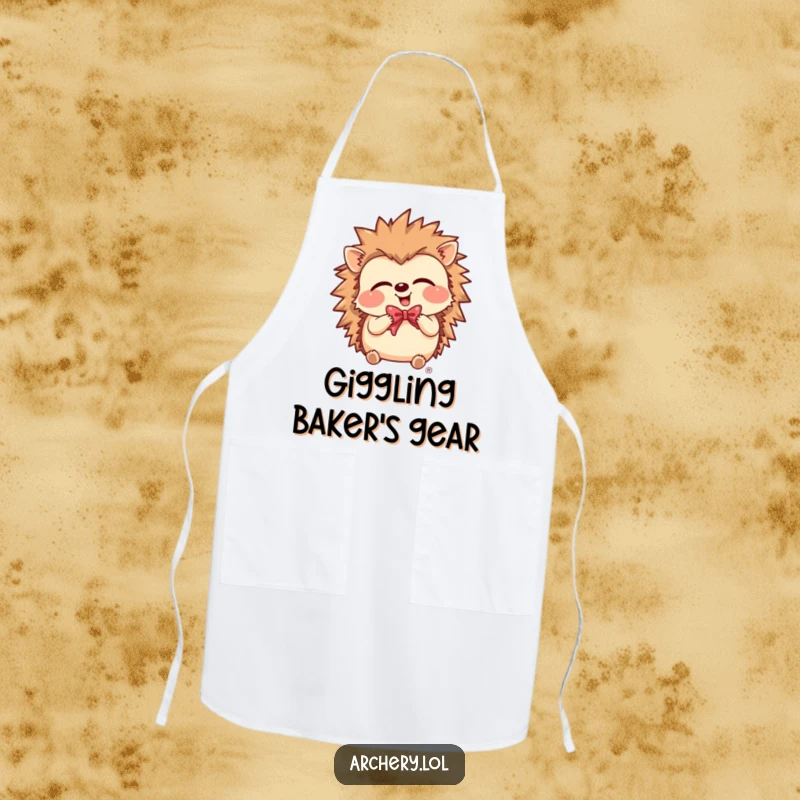 Funny Apron featuring a giggling hedgehog holding a bow, perfect for kitchen fun and archery enthusiasts.