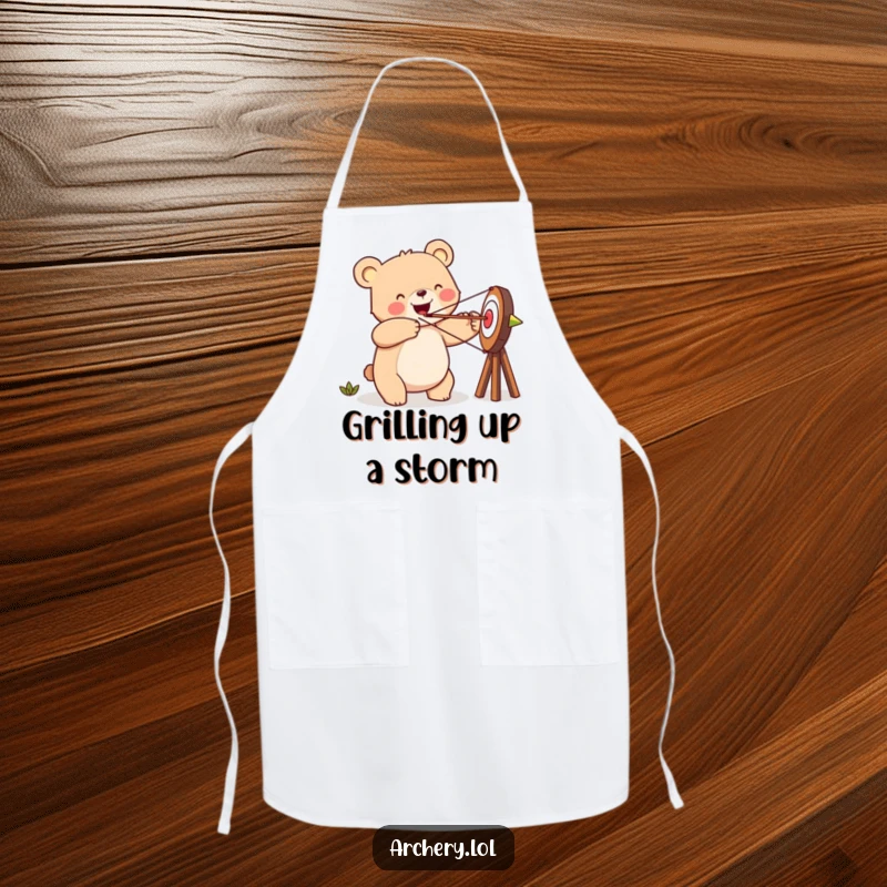 Funny happy bear apron, aiming an arrow at a target, with a cheerful look, perfect for kitchen use.