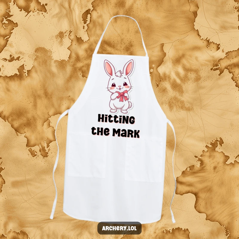 Funny rabbit archer apron with a cheerful bunny smirking while drawing a bow, ideal for cooking and kitchen activities.