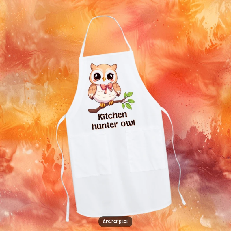 Funny apron depicting a playful owl on a branch holding a bow and arrow, perfect for kitchen duties with a humorous, wise theme.