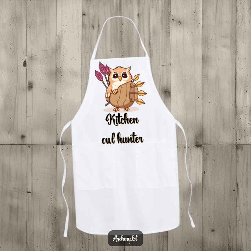 Funny giggling owl apron with a playful owl peeking from a quiver of arrows, humorous kitchen wear and gift.