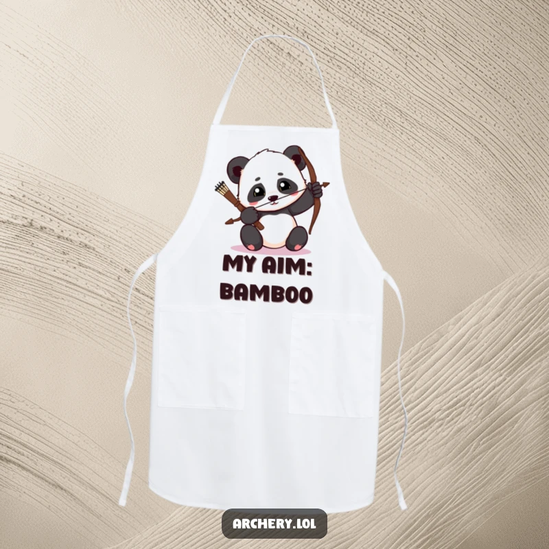 Funny Panda Archer Apron: A humorous apron showcasing a determined panda archer focused on kitchen tasks.