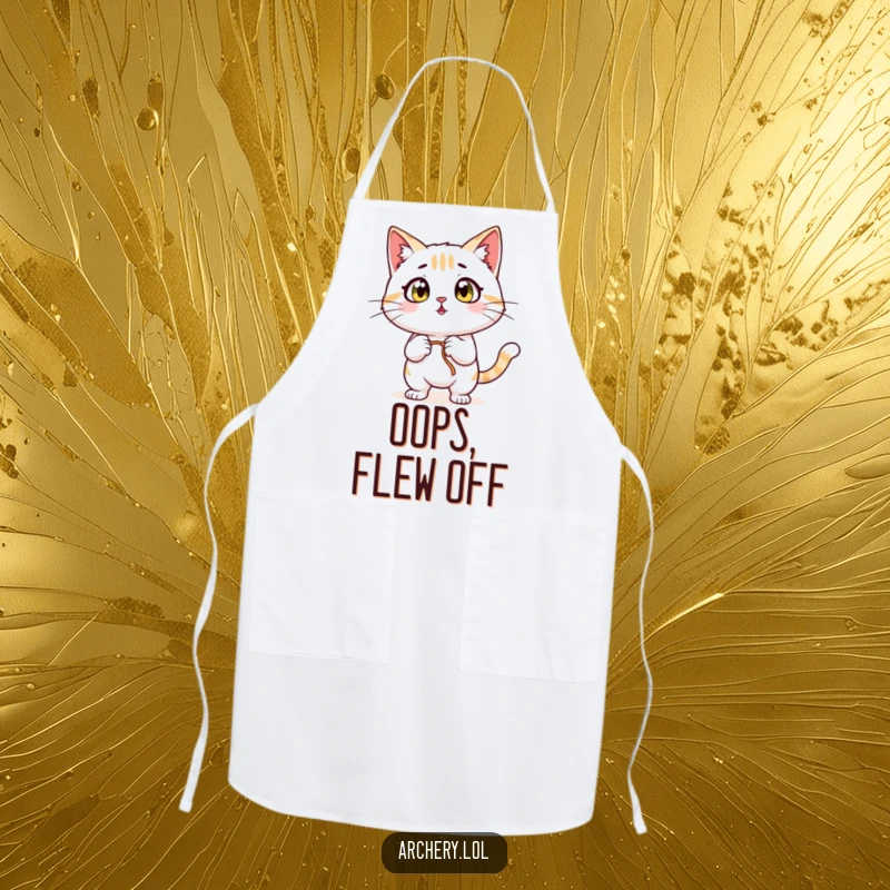 Funny Surprised Cat Apron: A wide-eyed cat pulling back a bowstring, looking surprised, ready to protect your clothes while cooking.