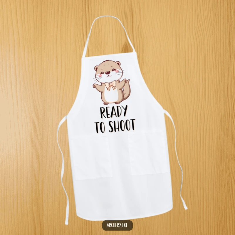 Funny otter apron depicting a chef otter skillfully drawing a tiny bow, a humorous addition to any kitchen.