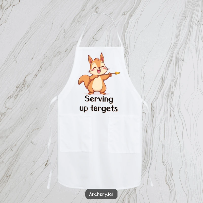 Funny Squirrel Archer Apron: A cheerful squirrel is depicted releasing an arrow, ideal for humorous kitchen wear.