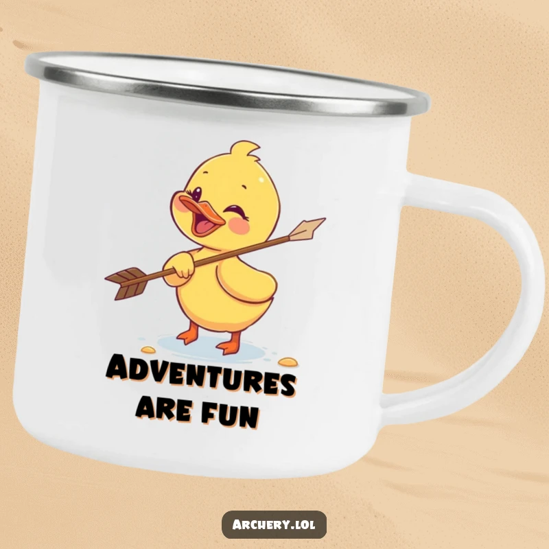 Funny duckling camping mug with a giggling duckling retrieving a flying arrow, designed for outdoor fun and humorous enjoyment.