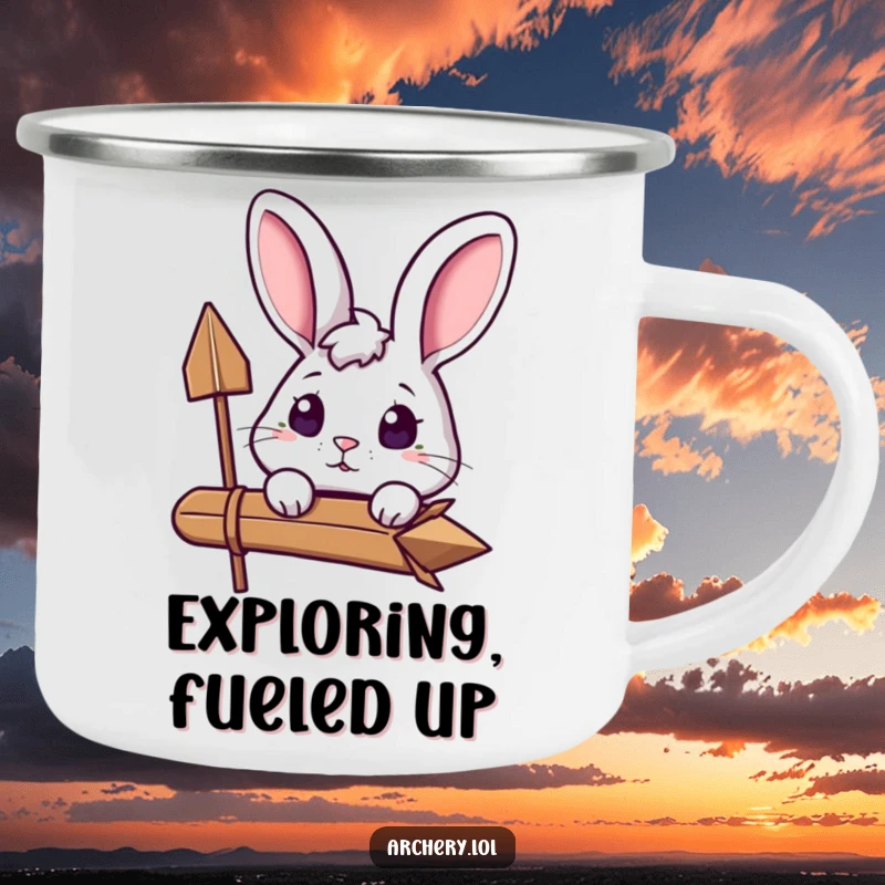 Funny Curious Rabbit Camping Mug: An excited rabbit peeks over its arrow, ready for outdoor adventures and hot drinks.