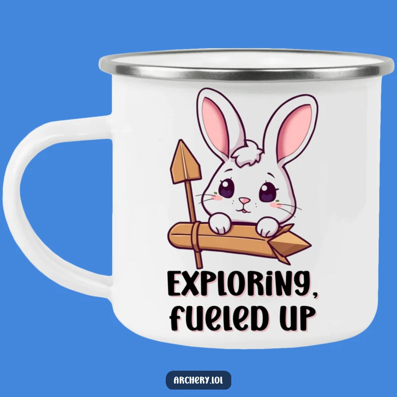 Funny Curious Rabbit Camping Mug: Excited Bunny Archer, Outdoor Adventure
