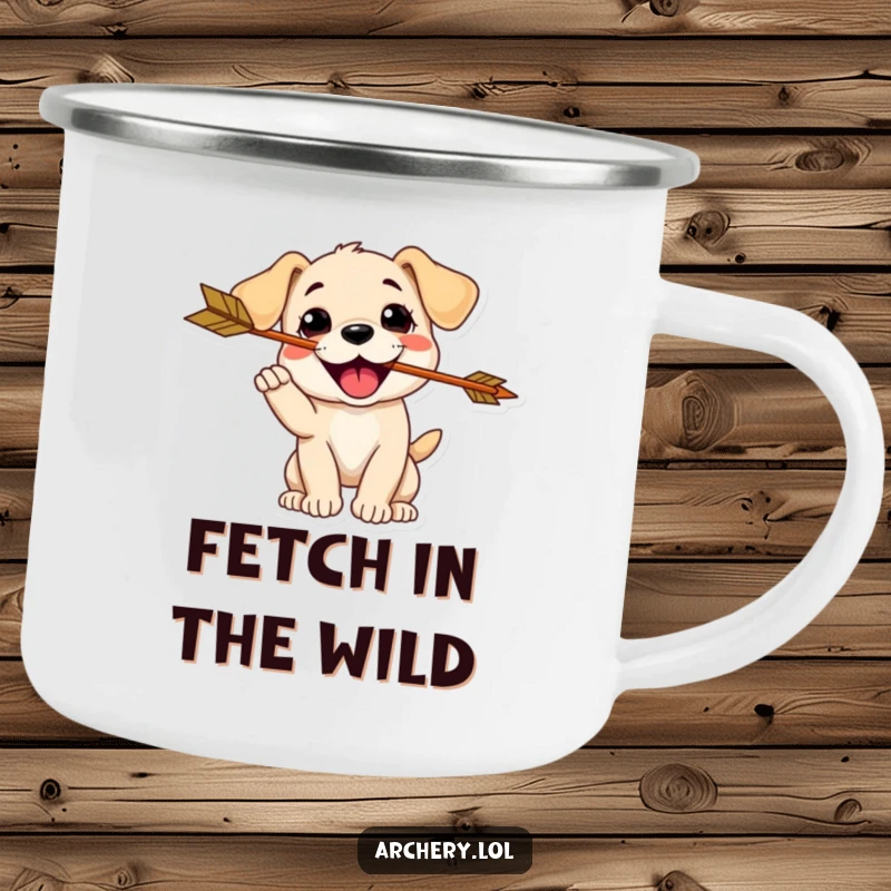 Funny Puppy Archer Camping Mug: A happy puppy catches an arrow, adding humorous and playful charm to outdoor drinks.