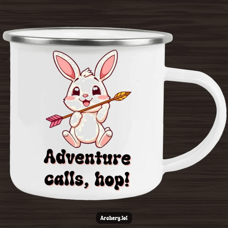 Funny bunny archer camping mug with a cheerful bunny nocking an arrow, perfect for outdoor humor.