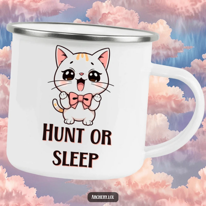 Funny camping mug with a determined cat wearing an adventurer's hat, drawing a bow for archery.