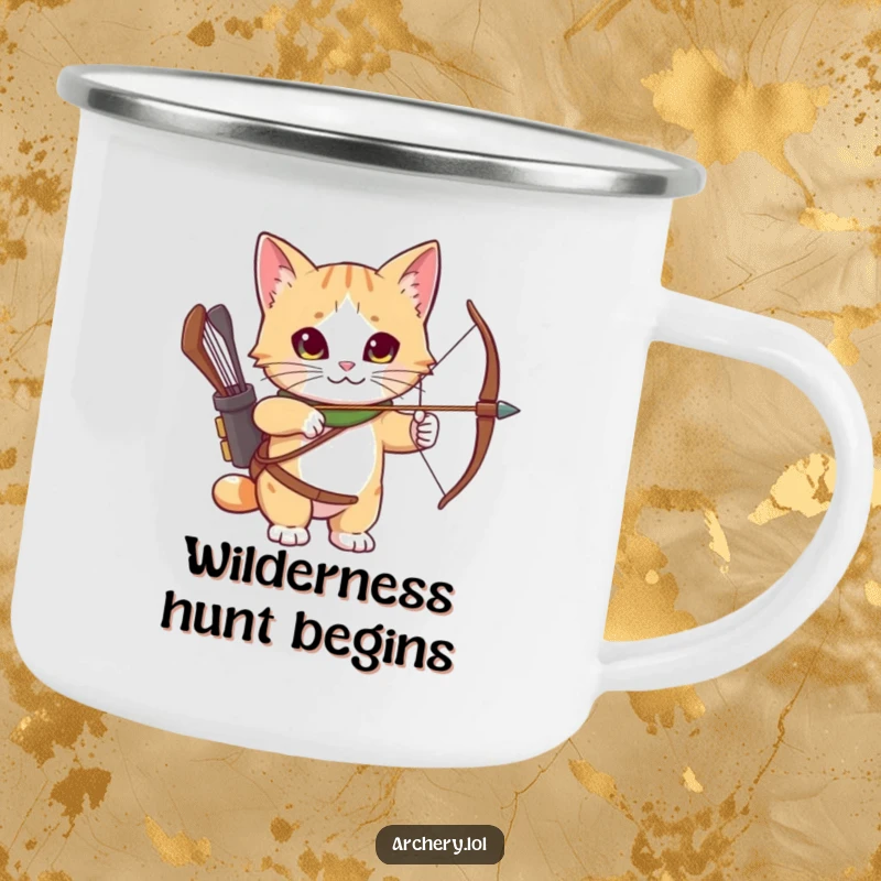 Funny Camping Mug: A curious cat wearing an archery quiver, looking ready for any outdoor escapade.