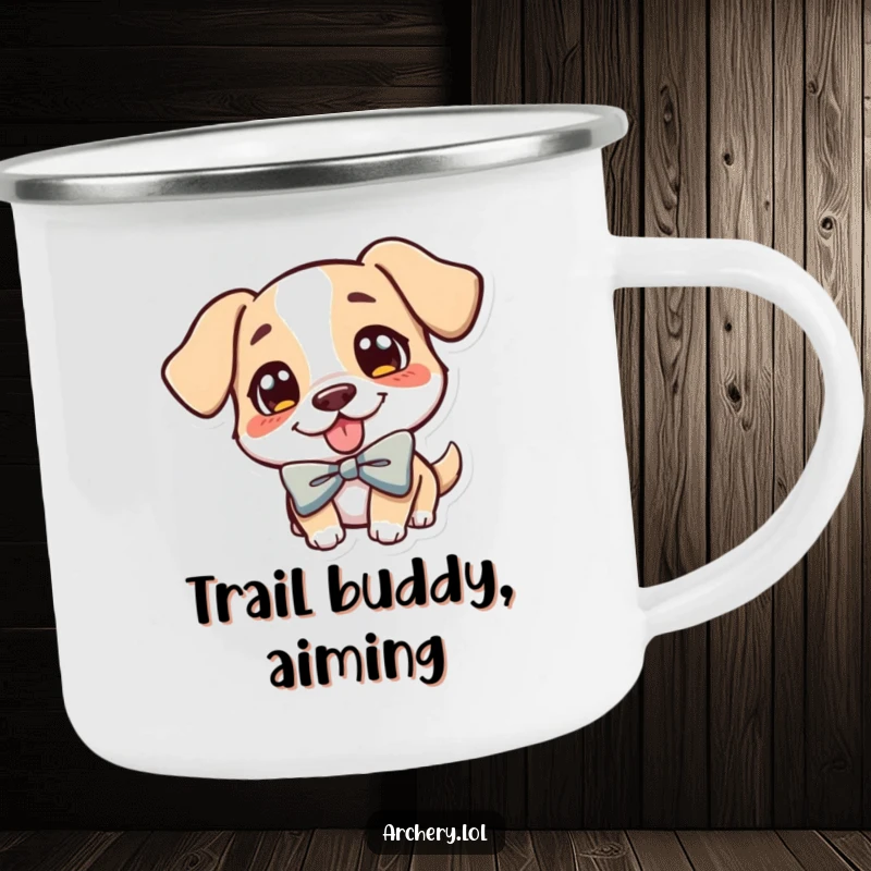 Funny Dog Archer Camping Mug: A cheerful dog with its tongue out, aiming a bow, ready for campfire stories.