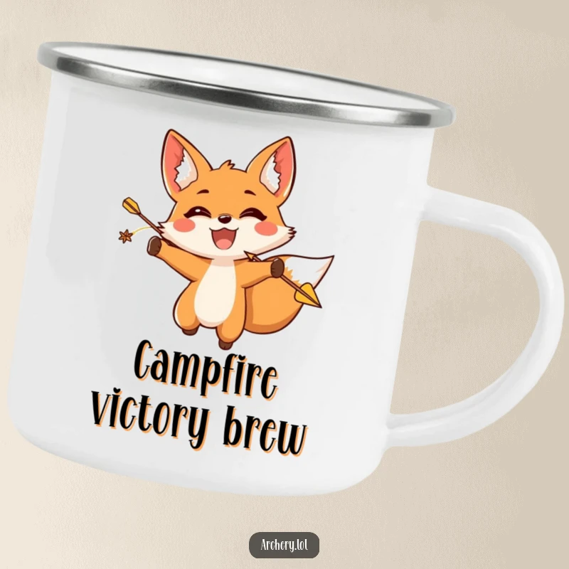 Funny fox archer camping mug with a triumphant fox releasing an arrow, perfect for outdoor humor.