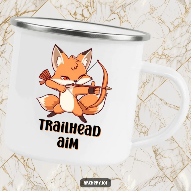 Funny camping mug showing a winking fox in a dynamic archery pose, perfect for outdoor sports enthusiasts.