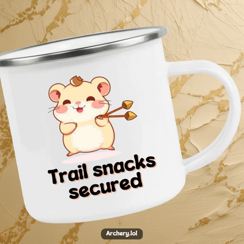 Funny hamster camping mug with a happy hamster shooting a miniature arrow, designed for outdoor fun and humorous enjoyment.