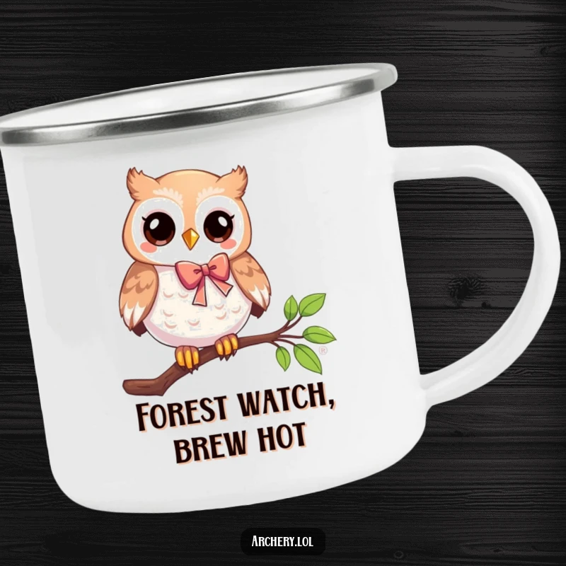 Funny camping mug with a playful owl on a branch holding a bow, perfect for outdoor drinks with a humorous, wise archery design.