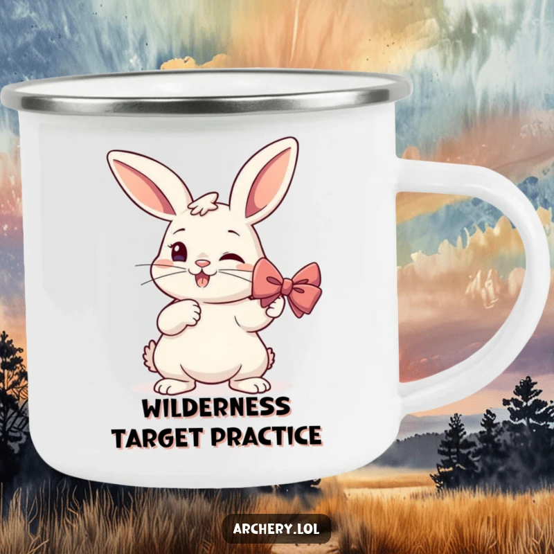 Funny Rabbit Archer Camping Mug: A determined rabbit with a bow and arrow embraces outdoor humor for adventurers.