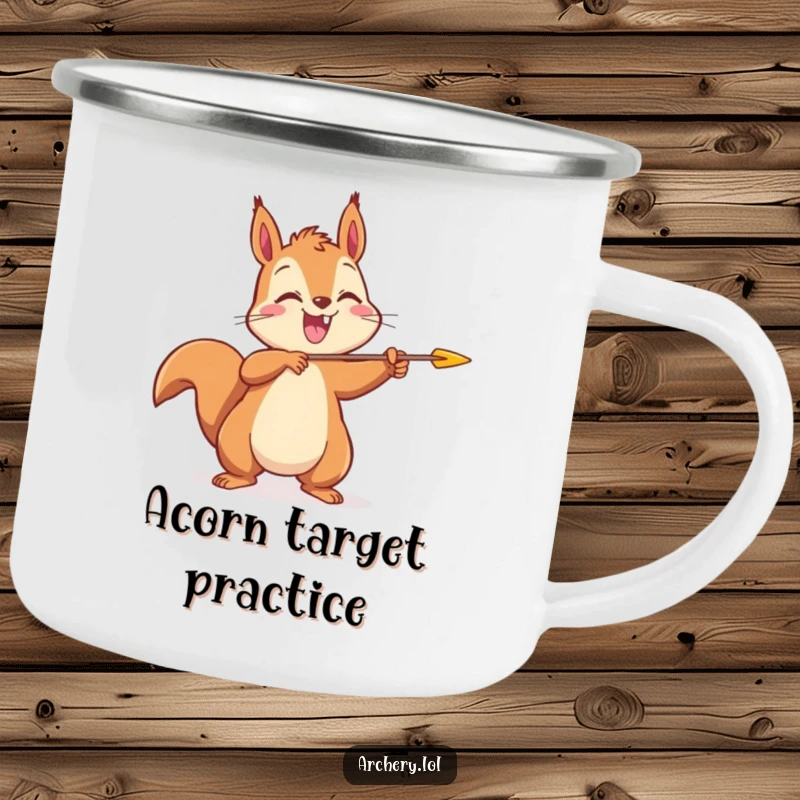 Funny Squirrel Archer Camping Mug: A joyful squirrel releases an arrow, adding cheerful humor to outdoor drinks.