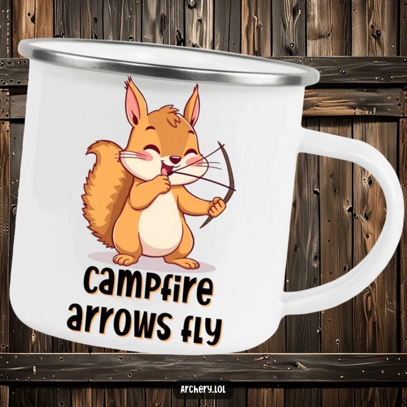 Funny squirrel camping mug, an enthusiastic archer drawing a bow with intense focus, perfect for outdoor enthusiasts.