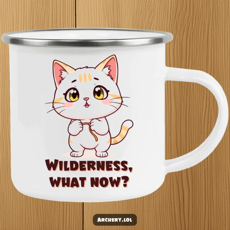 Funny Surprised Cat Camping Mug: A wide-eyed cat pulling back a bowstring, looking surprised, perfect for your next adventure.