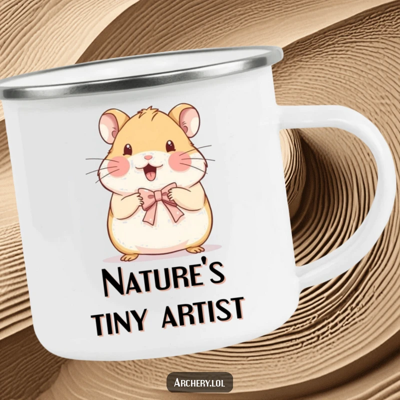 Funny camping mug showing a beaming hamster drawing a very small, delicate bow, perfect for outdoor art lovers.