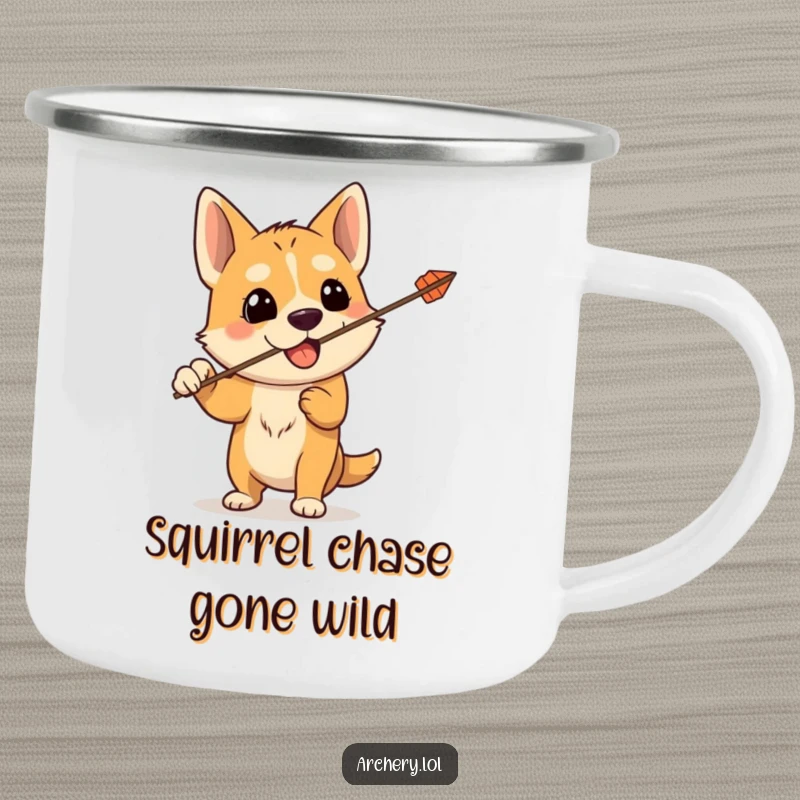 Funny camping mug with a silly dog holding a bow, its arrow accidentally flying upwards, perfect for outdoor drinks with a humorous pet design.