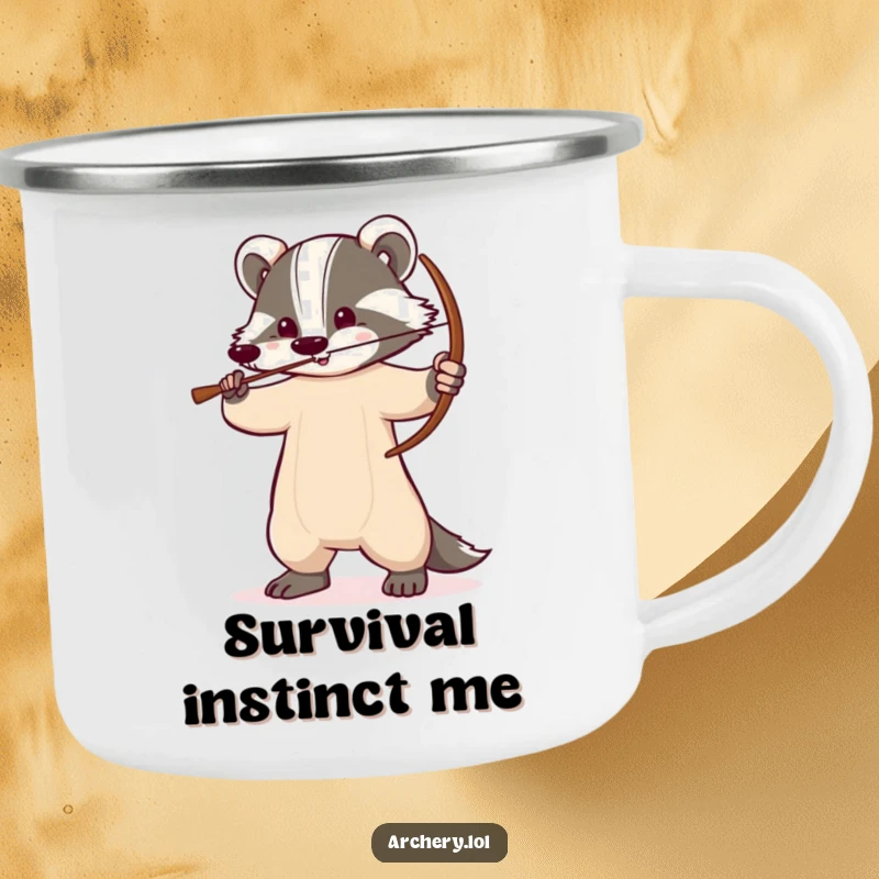 Funny badger camping mug with a determined badger holding a drawn bow, designed for outdoor adventures and humorous enjoyment.