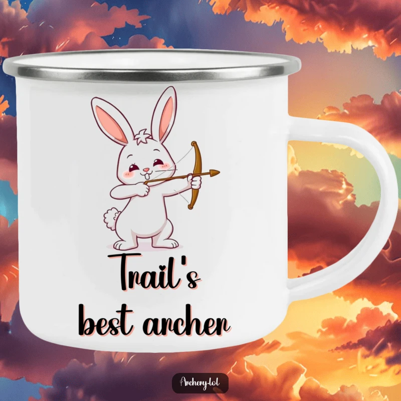 Funny camping mug with a happy bunny drawing a bow, aiming with a smile. Sturdy and humorous, ideal for camping trips.