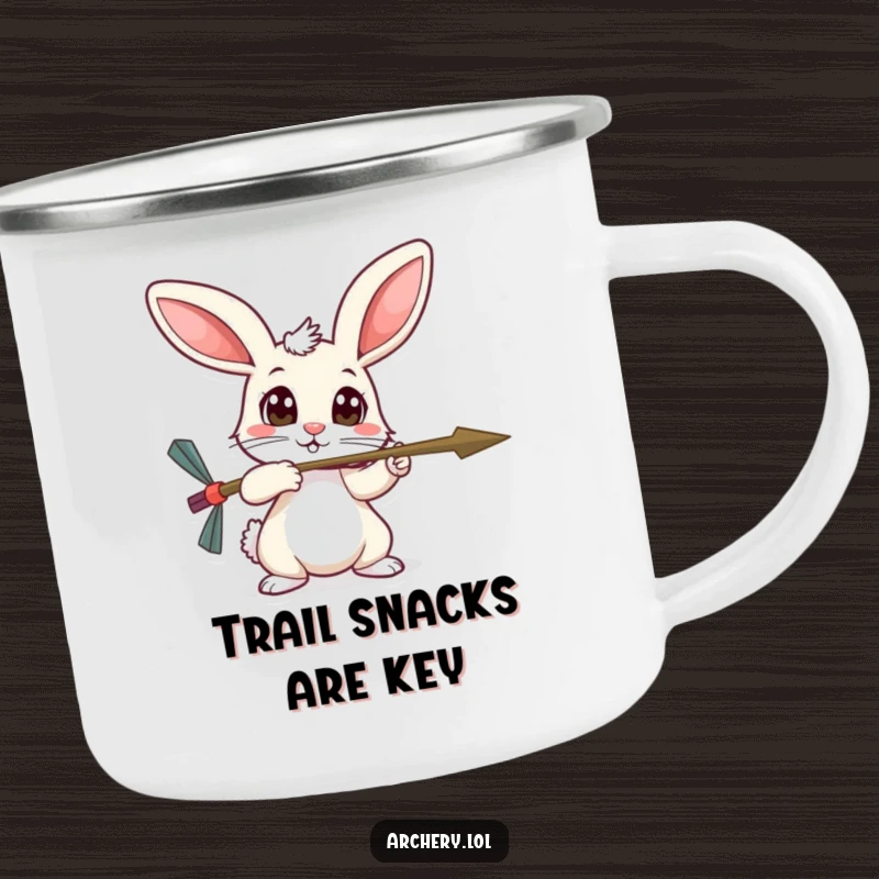 Funny timid rabbit camping mug, wide curious eyes, aiming an arrow, ideal for outdoor enthusiasts.