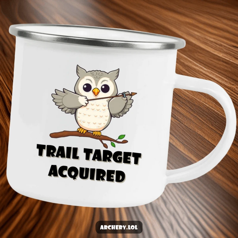 Funny Camping Mug: A joyful owl perched, aiming an arrow with accuracy, ready for outdoor adventures.