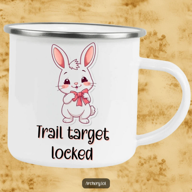 Funny rabbit archer camping mug with a cheerful bunny smirking while drawing a bow, designed for outdoor adventures.