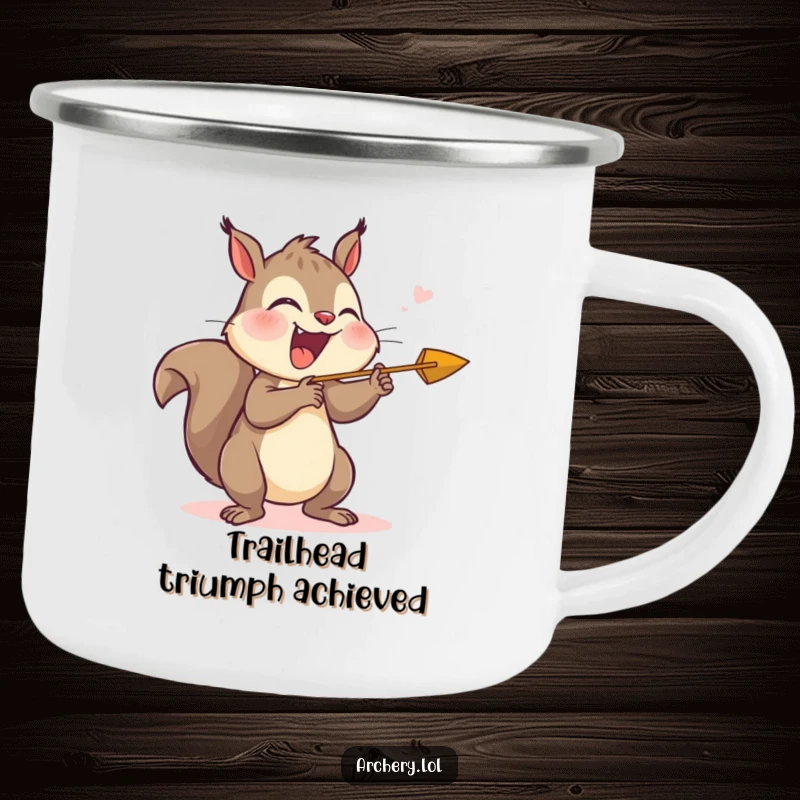 Funny camping mug showing a giggling squirrel happily shooting an arrow, ideal for outdoor humor and gifts.