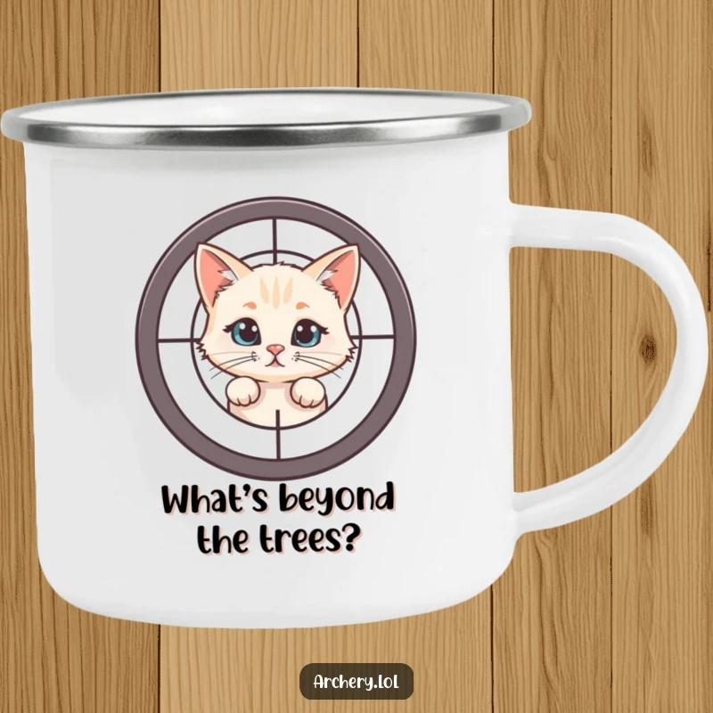 Funny Cat Target Camping Mug: A curious cat peeks from behind a target, adding humorous intrigue to outdoor drinks.