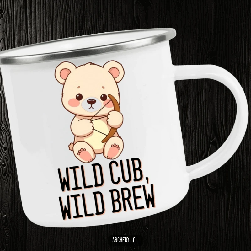 Funny bear cub archer camping mug with a focused cub holding a large bow, perfect for outdoor humor.