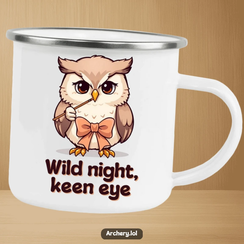 Funny owl archer camping mug with a determined owl drawing a bow, perfect for outdoor humor.