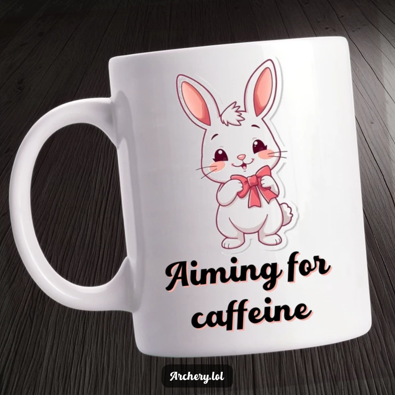 Funny rabbit archer mug, a cheerful bunny drawing a bow with a playful smirk, perfect for archery enthusiasts and gift giving.