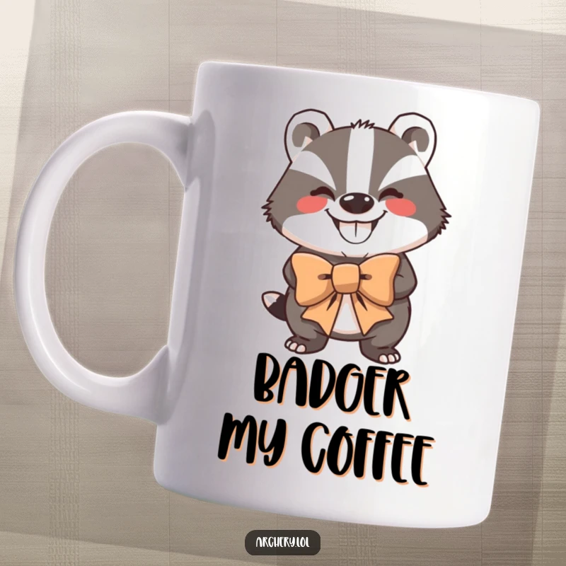 Funny Mug: A grinning badger holding a large bow, looking exceptionally strong and ready to shoot.