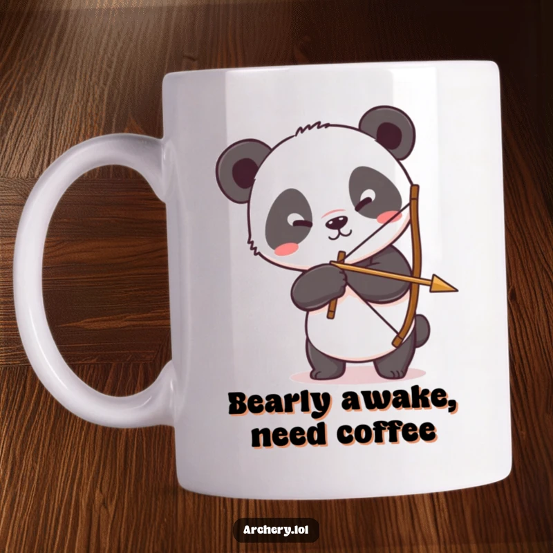 Funny Panda Archer Mug featuring a silly panda comically struggling to hold a bow and arrow.