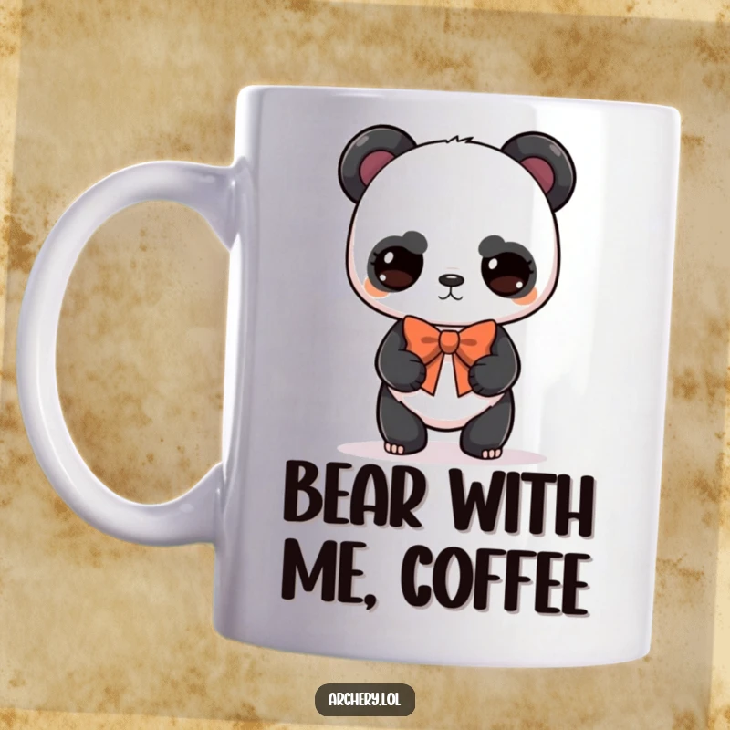 Funny panda archer mug showing a serious but cute panda balancing a bow, perfect for a humorous gift.